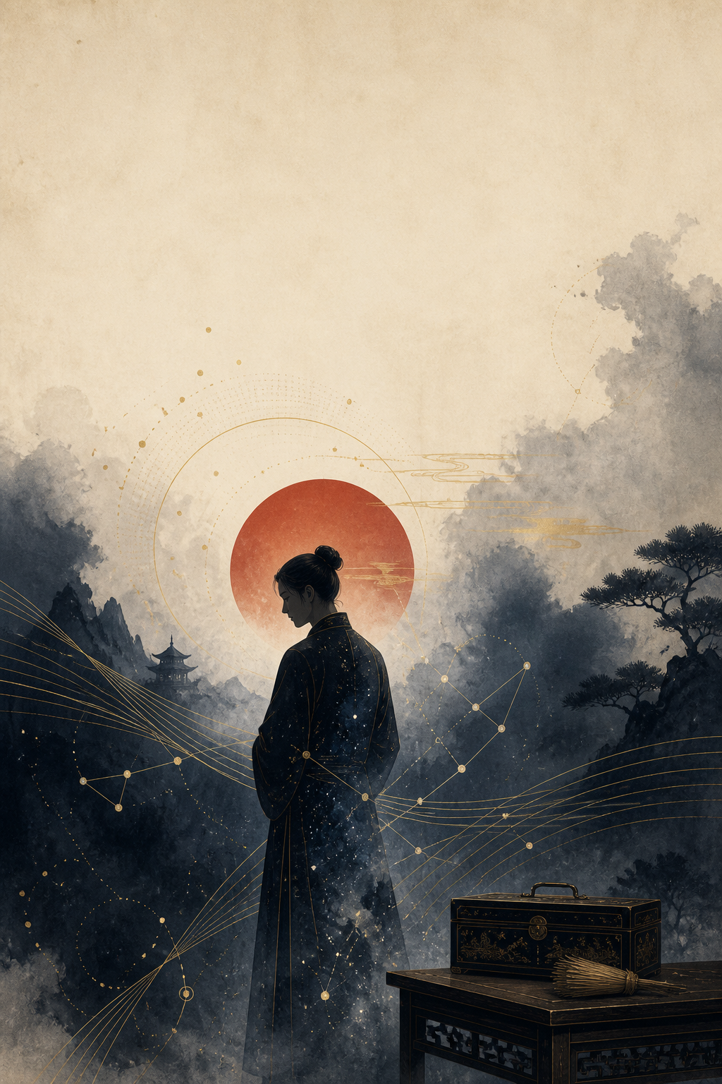 Ink-wash figure among mountains, sound lines, constellation geometry, and a traditional case